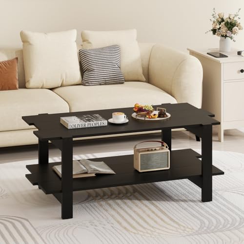 Giantex Coffee Table with Storage, 45 Inch Modern Center Table with Slatted Design & Side Rail Support, Rectangular Living Room Table for Small Spaces, Black - color: Black