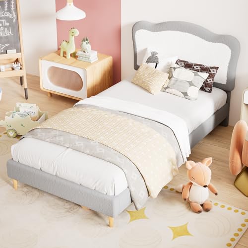 Garvee Full Bed Frames for Kids with Soft headboard, Velvet Low Bed Frame for Girls, Boys, No Box Spring Needed, Wooden Slats, Noise Free, Sturdy, Easy Assembly, Grey White - color: Grey White, size: Full