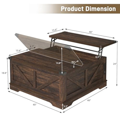 Hlivelood 40” Large Farmhouse Lift Top Coffee Table with Power Outlets and Large Hidden Storage, Square Wood Living Room Tables, Multi-Function Lift Wooden Barn Door Center Table, Brown - color: Brown