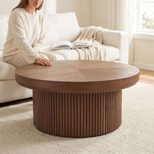 33.5" Round Coffee Table with Real Wood Parquet Top,Walnut | Mid-Century Modern Kitchen Table Center Table, Thickened Tabletop, Sturdy Base for living Room, Easy Assembly - color: E-33.5" Walnut