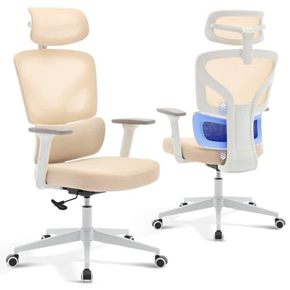 Ergonomic Office Chair Mesh – Adjustable Lumbar 3D Armrests High-Back Desk | Breathable Mesh Backrest; Seat Height & Tilt-Angle Adjustment; Smooth-Rolling Casters; Easy To Assembly, For Home, Office - color: Beige-p1