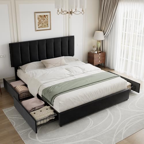 VECELO King Size Bed Frame with 4 Storage Drawers, Adjustable Height Headboard, Heavy-Duty Bedframe with Strong Wooden Slats, No Box Spring Needed, Black - color: Black, size: King, style: Bed Frame With Drawers