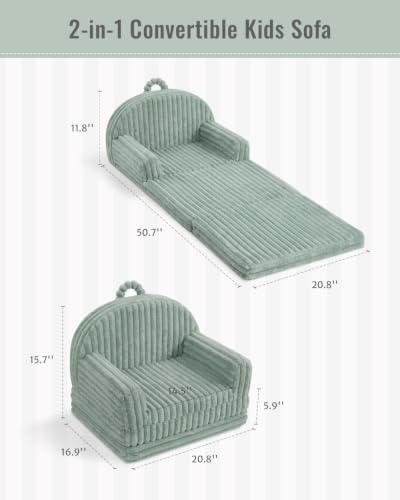 Blissful Diary Kids Couch, 2-in-1 Soft Kids Sofa, Kids Sofa Chair, Comfy Kids Furniture for Playroom, Reading & Play, Fuzzy Sage Green - color: Fuzzy Sage Green