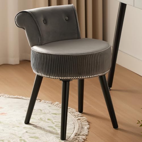 Vanity Chair with Back, Gray Velvet Stool with Low Backrest | Silvery Nailhead Trim, Round Vanity Seat for Bedroom and Bathroom Makeup, Support 220lbs, Easy Assembly (Gray) - color: Grey