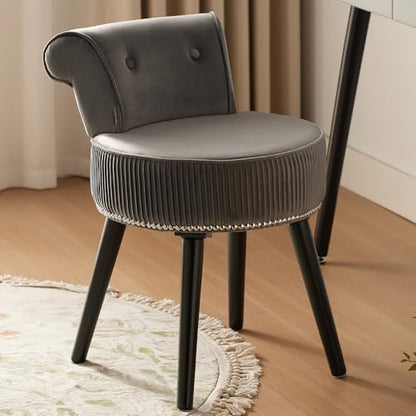 Vanity Chair with Back, Gray Velvet Stool with Low Backrest | Silvery Nailhead Trim, Round Vanity Seat for Bedroom and Bathroom Makeup, Support 220lbs, Easy Assembly (Gray) - color: Grey