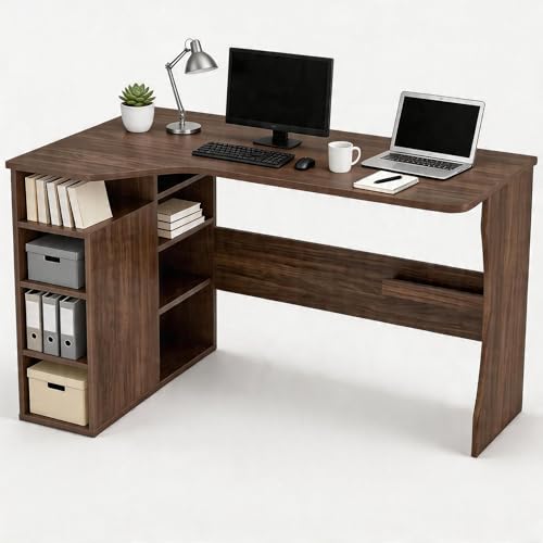 IDEALHOUSE Walnut L Shaped Desk for Small Spaces, Reversible Corner Desk with Storage Cabinet and 6 Adjustable Shelves, Wood Computer Desk for Home Office, Study, Writing, Gaming, Bedroom, Brown