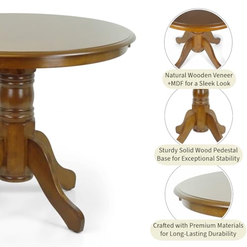 Round Solid Wood Dining Table 38.5'' D with Pedestal Base, Kitchen Round Table for 2 and 4 Persons, Restaurant Table, Medium Brown Color - color: Medium Brown