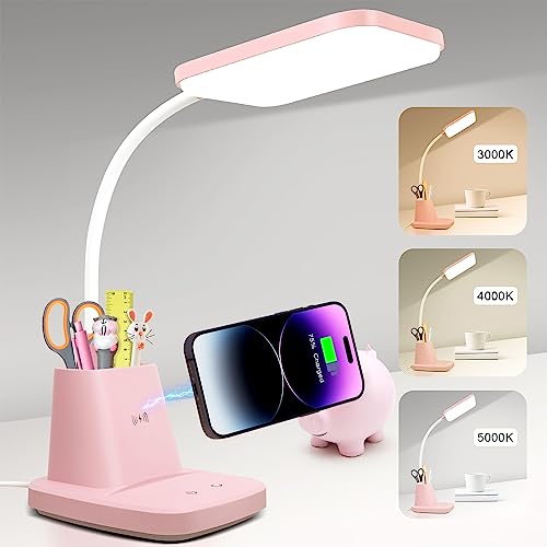LED Desk Lamp with 10W Wireless Charging & Pen Holder, Pink | CRI 95, 800LM, Stepless Dimming, 3 Modes, 360°Flexible Arm, Touch, Study Table Lamp for Home Office, Dorm Room, with Adapter - color: Pink