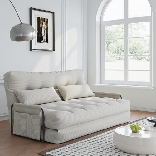 4-in-1 Folding Sofa Bed,Convertible Sofa Bed with Pillow Foldable Mattress and Back Support,Convertible Modular Sofa with Double Side Pockets for Living Room/Bedroom,Double(Beige) - color: Beige, size: Full