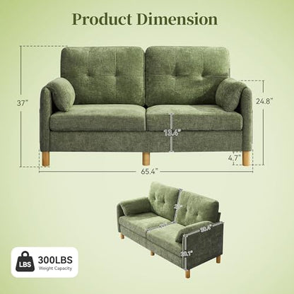 Mid Century Modern Couch, 65" Loveseat Sofa, Green | Storage Pockets, Upholstered Small Loveseat for Small Spaces, Bedroom, Home Office, Apartments - color: Green