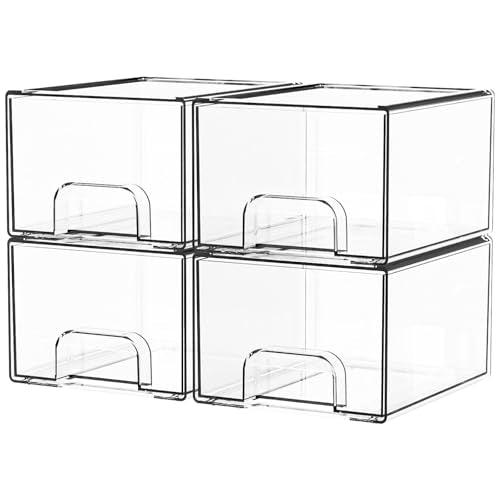 4 Pack Clear Stackable Storage Drawers,4.4'' Tall Acrylic Drawer Containers for Organizing,Bathroom Organizers and Storage Bin Box,Plastic Makeup,Medicine Organizer Bins for Cabinet,Undersink - color: Clear-4.4 In Tall, size: 4 PCS