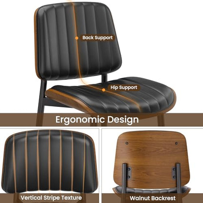YaFiti Mid Century Dining Chairs with Walnut Bentwood, Set of 2, Black | Ergonomic Walnut Backrest, Upholstered Waterproof PU Leather Seat, Stable Metal Legs, Adjustable Footpads, Apartment Friendly - color: Black Pinstripe
