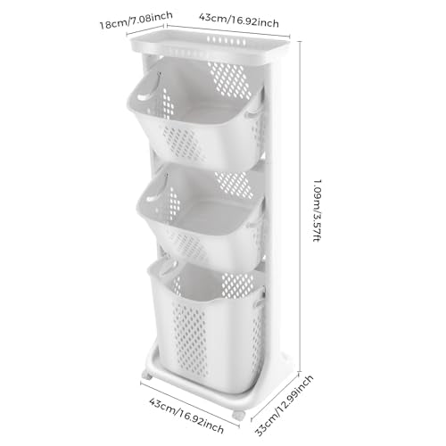 Rolling Laundry Hamper Storage Sorter, 3 Tier Rolling Laundry Hamper Cart White Laundry Baskets with Wheels for Kitchens Bathrooms Bedrooms Classrooms Laundry Rooms
