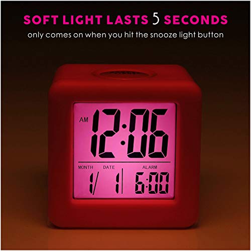 Plumeet Digital Kids Alarm Clock with Snooze and Nightlight - Easy Setting Silicone Clock Display Time, Date - Loud for Bedroom - Battery Powered (Pink) - color: Hot Pink