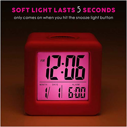 Plumeet Digital Kids Alarm Clock with Snooze and Nightlight - Easy Setting Silicone Clock Display Time, Date - Loud for Bedroom - Battery Powered (Pink) - color: Hot Pink