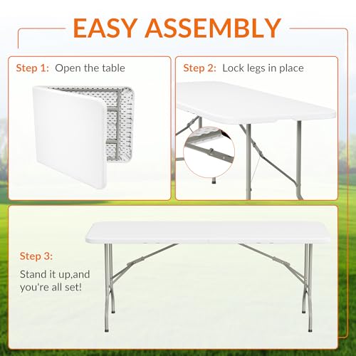 Elevon 6 Feet Heavy Duty Folding Table with Built in Handle & Steel Legs, Fold-in-Half Portable Table for Indoor Outdoor Use - Camping, Picnic, Party, Wedding, Dining, Utility Table - size: 6 Ft