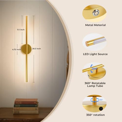 Rechargeable Wall Light Set of 2 Wireless Dimmable Detachable Wall Lamp | Battery Operated Wall Sconces 10000mAh with Remote Control 3000-6500K for Bedroom Living Room 28.3" Gold - color: Gold-Round Base, size: 2 Pack