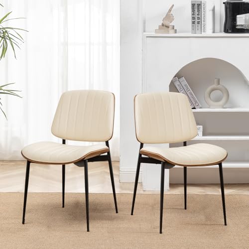 LUNLING Dining Room Chairs Set of 2 Mid Century Modern Retro Beige Faux Leather Chair with Walnut Bentwood Upholstered Seat Metal Legs Kitchen Chairs Adjustable Foot for Kitchen Dining Room - color: Beige, size: Set of 2