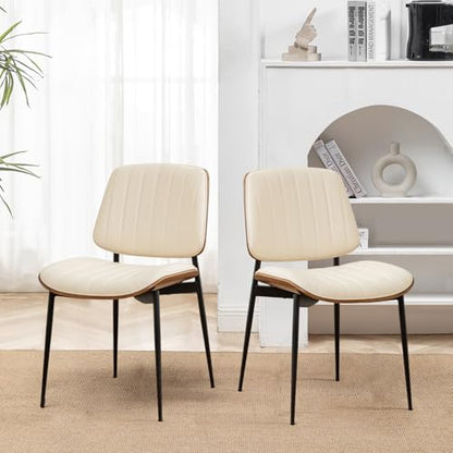 LUNLING Dining Room Chairs Set of 2 Mid Century Modern Retro Beige Faux Leather Chair with Walnut Bentwood Upholstered Seat Metal Legs Kitchen Chairs Adjustable Foot for Kitchen Dining Room - color: Beige, size: Set of 2