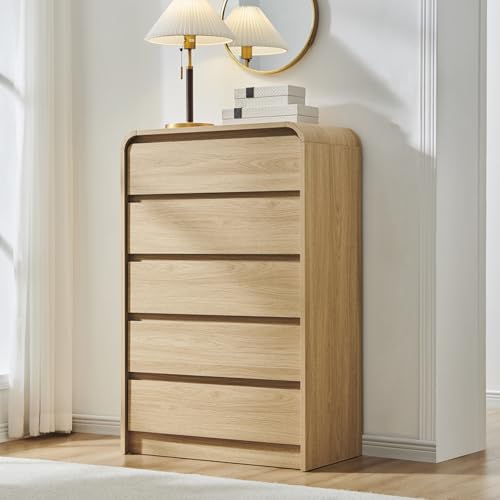 Aitjunz Modern 5 Drawers Dresser for Bedroom, 45" Tall Dressers & Chests of Drawers w/Curved Profile Design, Wood Mid Century Vertical Dresser w/Natural Texture for Bedroom, Living Room, Natural Oak - color: Natural, size: 15.5"D x 29.5"W x 45.3"H (5 Draw