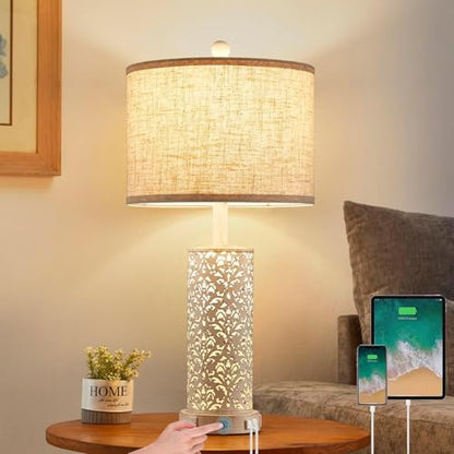 SAIWEYA 26" Set of 2 Farmhouse Table Lamp for Bedroom, Dimmable Touch | 3 Way Dimmable, 2 USB Ports + AC Outlet Bedside Lamp for Nightstand, LED Bulb Included, Fabric Shade, Flower Metal Body - color: White-26in