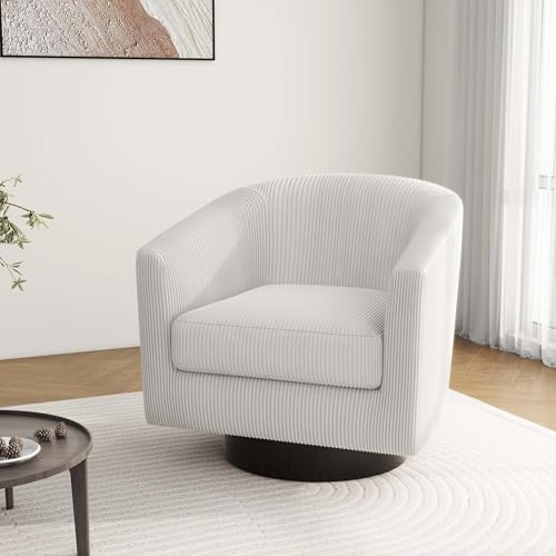 Swivel Barrel Accent Chair, Comfy Reading Armchair, Cream White, Set of 1 | Club Chairs for Adults, Low-Back Design, Modern Round Style, Solid Wood Frame & Metal Swivel Base, For Living Room & Bedroom - color: Cream White