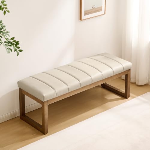 52.7" Bedroom Bench for End of Bed, Faux Leather Entryway Bench (Cream-PU) | Modern Upholstered Dining Bench & Footrest Stool Bench with Solid Wood Frame for Bedroom, Living Room - color: Cream-pu