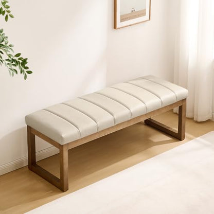 52.7" Bedroom Bench for End of Bed, Faux Leather Entryway Bench (Cream-PU) | Modern Upholstered Dining Bench & Footrest Stool Bench with Solid Wood Frame for Bedroom, Living Room - color: Cream-pu