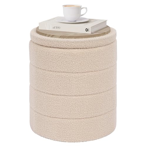 PINPLUS Round Storage Ottoman Foot Rest Stool with Tray Velvet Sherpa Folding Storage Ottoman,Boucle Foot Rest for Living Room, Bedroom, Dorm（Beige） - color: Beige, size: 14.6"D x 14.6"W x 17.7"H