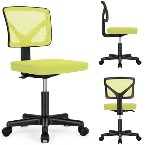 Armless Desk Chairs, Ergonomic Low Back Computer Chair, Adjustable Rolling Mesh Task Work Swivel Chairs with Wheels Work Vanity Chair for Small Spaces Home Bedroom Study, Yellow