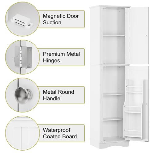 Function Home 높은 욕실 보관 캐비닛, 162.6cm(64인치) 슬림 주방 식료품 저장실, 도어 수납 공간이 있는 좁은 목재 독립형 캐비닛, 조절 가능한 선반이 있는 주방 거실 다이닝룸용, 화이트 - color: 화이트., size: 15.8"Wx11.81"Dx64"H