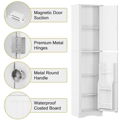Function Home 높은 욕실 보관 캐비닛, 162.6cm(64인치) 슬림 주방 식료품 저장실, 도어 수납 공간이 있는 좁은 목재 독립형 캐비닛, 조절 가능한 선반이 있는 주방 거실 다이닝룸용, 화이트 - color: 화이트., size: 15.8"Wx11.81"Dx64"H