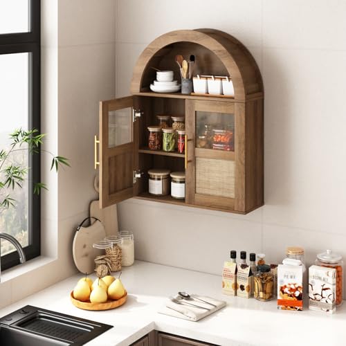 RUSTOWN Arched Bathroom Wall Cabinet with 2 Glass & Rattan Doors | Rattan Medicine Cabinet, Farmhouse Over the Toilet Storage Cabinet, Adjustable Shelves, 3-Tier Wall Mounted Cabinets - color: Rustic Oak