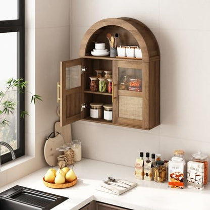 RUSTOWN Arched Bathroom Wall Cabinet with 2 Glass & Rattan Doors | Rattan Medicine Cabinet, Farmhouse Over the Toilet Storage Cabinet, Adjustable Shelves, 3-Tier Wall Mounted Cabinets - color: Rustic Oak