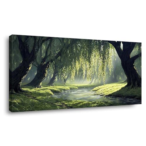 ZESTRILIA Willow Trees Forest Canvas Wall Art, Peaceful River Landscape Painting Print, Tranquil Serene Woods Nature Wall Decor for Living Room Bedroom Office (40x20 Inch) - color: Green Willow Forest