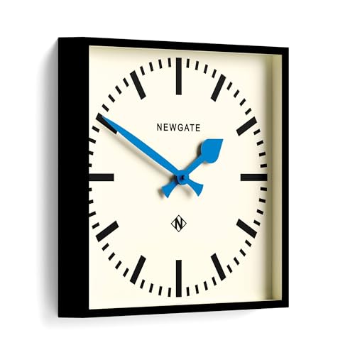 NEWGATE® Number Five wall Clock | Square Retro Inspired Modern Station Clock | 16" | Black with Blue Hands | Mid-Century Style for Kitchen, Living Room or Office - color: Blue