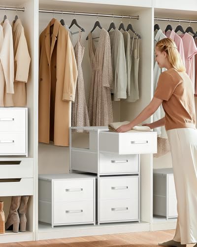 Stackable Storage Drawers - 2 Tier Closet Organizer with Metal Handles and Metal Frame, Fabric Dresser with Collapsible Bins for Bedroom, Dorm, Office, White, 2 Pack - color: White, size: 15.7 Inch. - 2 Pack