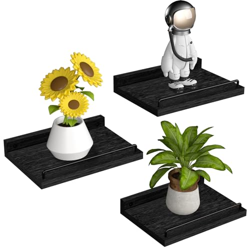 RYOFOBETTO Small Floating Shelf, 6X9 Inches Farmhouse Wall Shelves for Living Room, Bedroom, Picture Frames, Plants, Kitchen, Set of 3 (Black) - color: Black, size: 9"