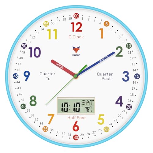 Foxtop Digital and Analog Learning Clock for Kids - Telling Time Teaching Clock 12 Inch Silent Non-Ticking Battery Operated Kids Wall Clock for Kids Room Playroom Nursery Classroom School (Blue) - color: Blue, size: 12 Inch