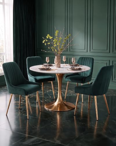 Green Velvet Dining Chairs Set of 4, Modern Kitchen and Vanity Chairs | Modern upholstered vanity chairs with gold metal legs, stain-resistant hand-quilted fabric, high-density foam cushion seat - color: Green, size: Set of 4