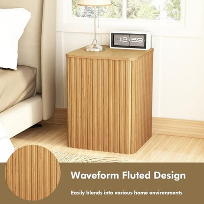 Fluted Side Table with Storage-Small Square End Table | Solid Wood Veneer Top, Accent Tables, Modern Farmhouse Pedestal Drink Tables for Couch, Sofa, Living Room, Natural - color: Natural
