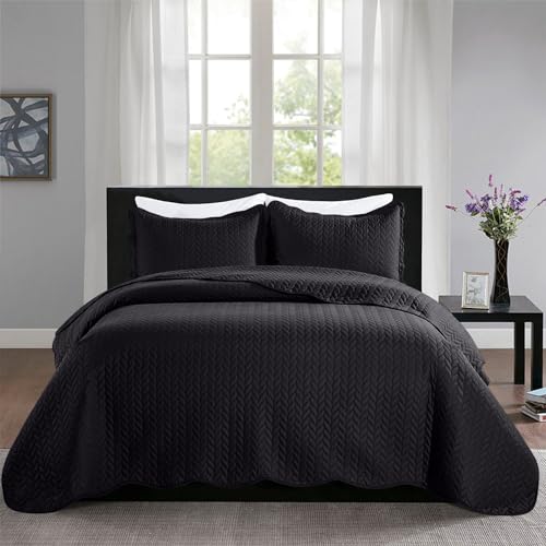 MOONLIGHT20015 Quilt Queen Size (90" x 96") with 2 Pillow Shams (20" x 26"+2") for Summer - 3 Pcs Lightweight Bedding Set Reversible Coverlet Embossed Quilted Bedspread (Black) - color: Black, size: Full/Queen
