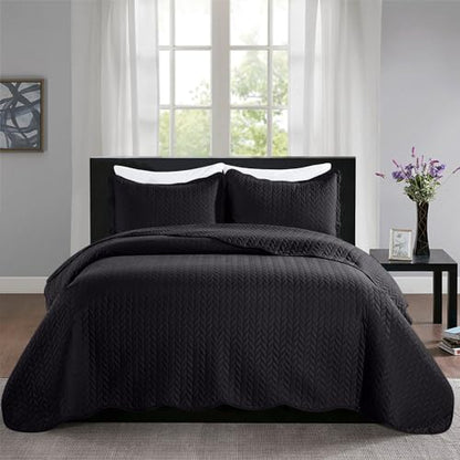 MOONLIGHT20015 Quilt Queen Size (90" x 96") with 2 Pillow Shams (20" x 26"+2") for Summer - 3 Pcs Lightweight Bedding Set Reversible Coverlet Embossed Quilted Bedspread (Black) - color: Black, size: Full/Queen