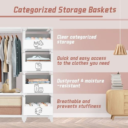 Portable Closet, Easy Assembly, Large Capacity Wardrobe Closet | Sturdy and Stable Clothes Rack with Shelves 4 Storage Baskets and 2 Hanging Rods, for Bedroom and Cloakroom 50 In White - color: White