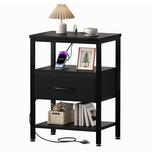 OLIXIS Nightstand with Charging Station, Beside Table with Fabric Drawer | 3-Tier End Table with 2 Storage Shelves,Night Stand with USB Ports and Outlets for Bedroom, Black - color: Black, size: 15.7"Dx11.8"Wx23.4"H(1 Drawer, 1 Pack)