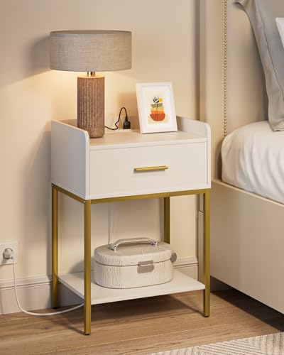Masupu Nightstand with Charging Station,3-Tier Modern Bedside Night Stand with Storage Drawer and Shelf,Small End Side Table for Bedroom,Living Room,White - color: White