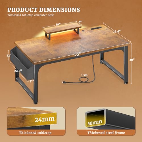 DurayLoly 55 x 24 inch Desk, 24mm Thick Heavy Duty Computer Desk with RGB LED & Power Outlets, Gaming Desk with Detachable Stand, 150LBS Load Capacity, Work Gaming Desk for Home Office, Brown - color: Brown, size: 55 Inch