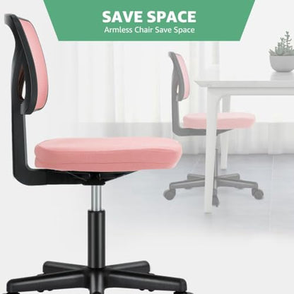 Armless Mesh Office Chair, Ergonomic Low Back Deskchair, Adjustable Rolling Task Computer Swivelchairs for Small Spaces Home Bedroom Study, Pink - color: Pink