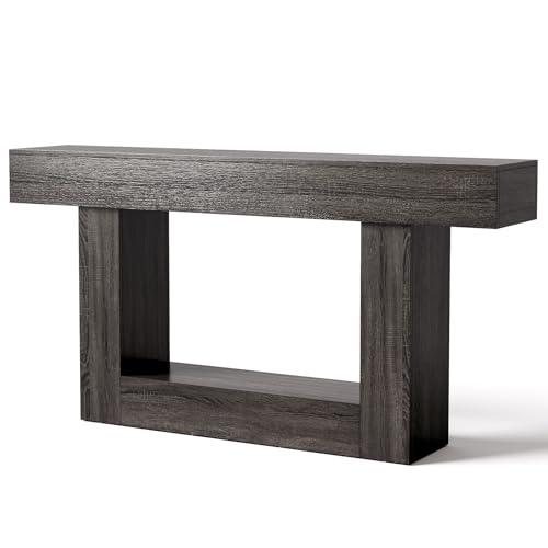 LITTLE TREE 63 Inches Long Console Table, 2-Tier Farmhouse Sofa Table Behind Couch, Large Narrow Entryway Table for Living Room, Wooden Hallway Foyer Table with Heavy Duty Base, Grey - color: Grey
