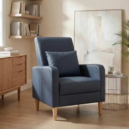 COLAMY Mid-Century Modern Accent Chair, Faux Leather Upholstered Living Room Chair with Back Pillow & Solid Wood Legs, Comfy Armchair for Living Room, Bedroom, Single Sofa, Dark Blue - color: Dark Blue, size: Set of 1